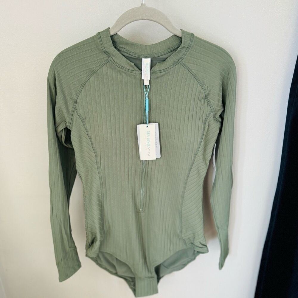 Sea Level Vesper Long Sleeve‎ One-Piece Ribbed Toned Swimsuit, Size 10, Sage NWT